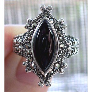 925 STERLING SILVER Marquise Black Onyx & Marcasite Ring